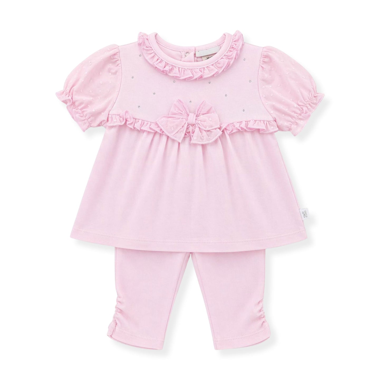 Pink baby outfit with top and leggings on a white background