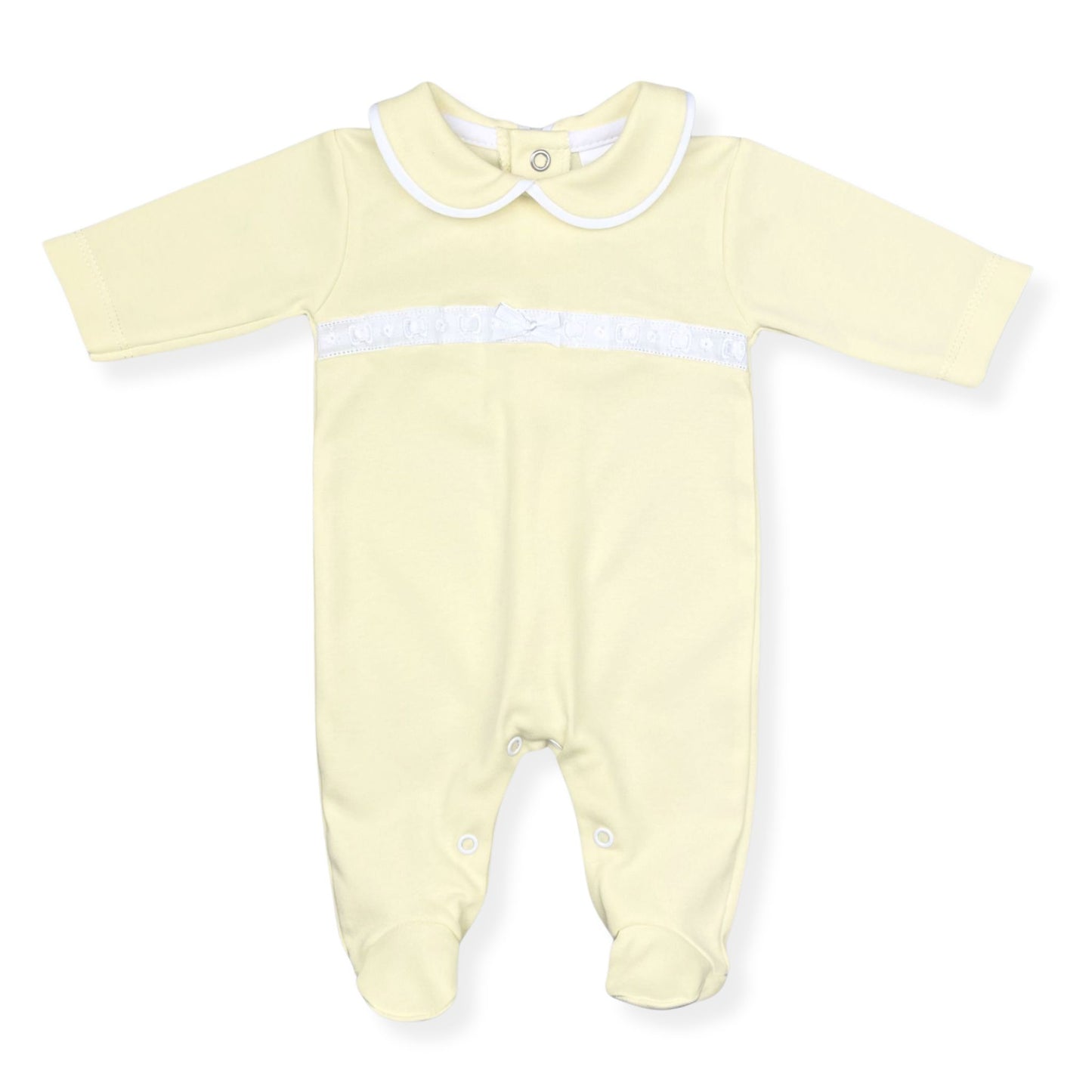 Lemon yellow babygrow with white trim on a white background