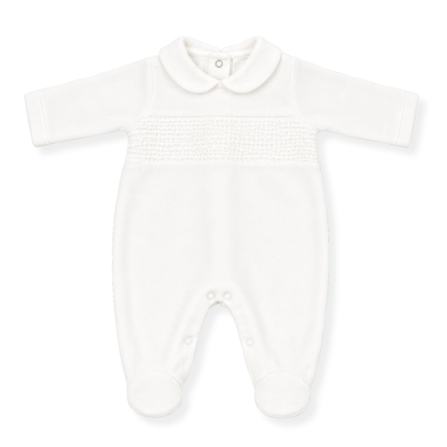White baby unisex babygrow with Peter Pan collar and smocked chest detail, long sleeves and footed design on a clean white background