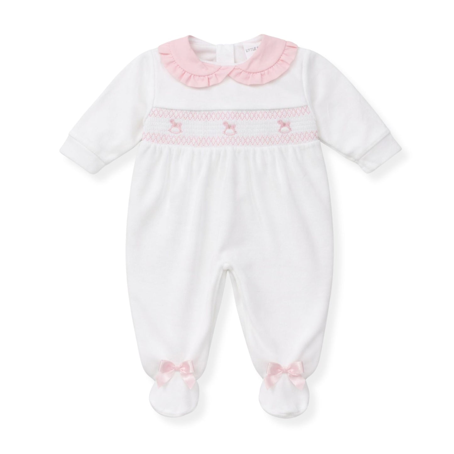 White baby sleepwith pink trim and embroidery on a white backgrounduit