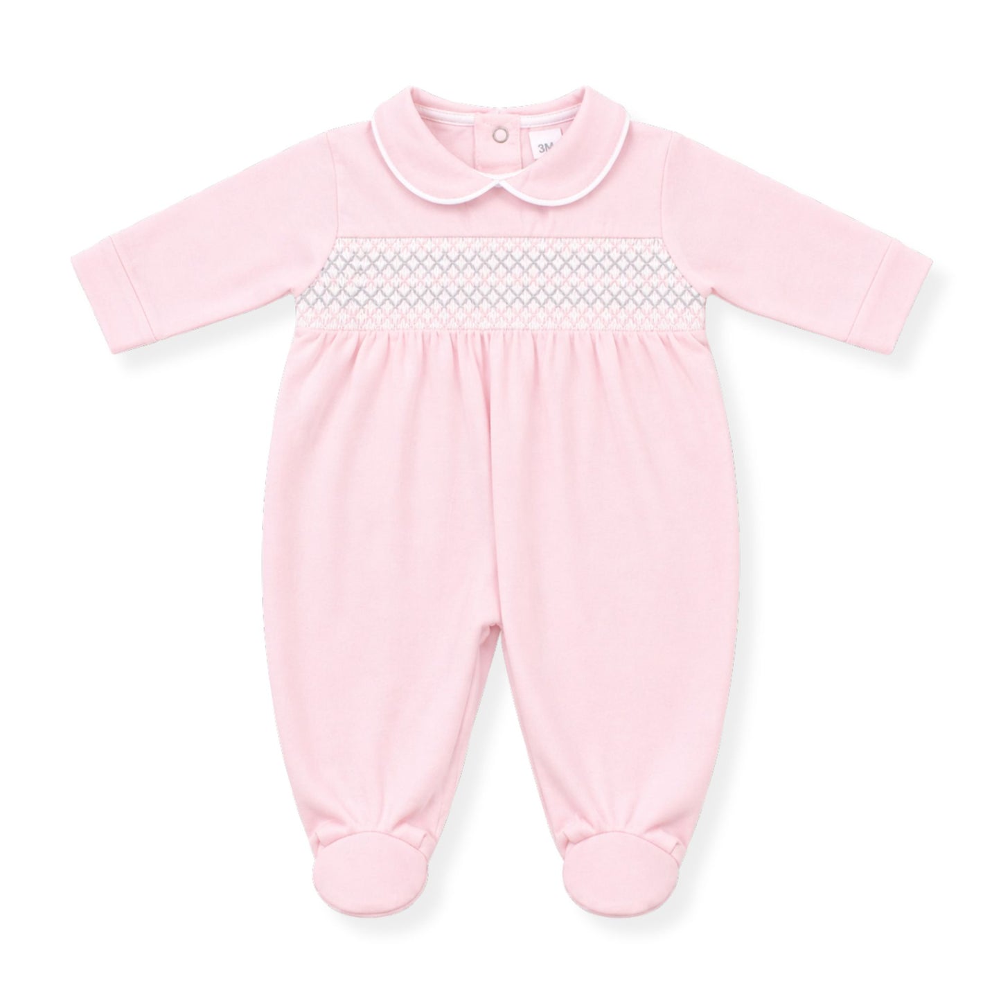 Pink baby girls’ babygrow with Peter Pan collar and delicate smocking detail across the chest, long sleeves and footed design, photographed on a clean white background