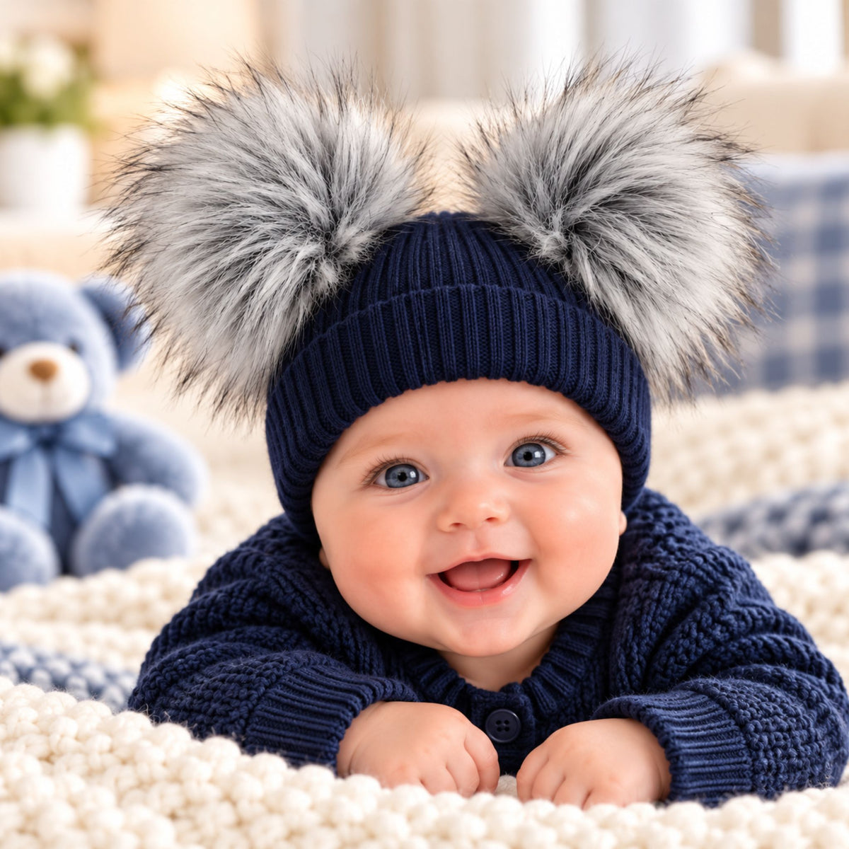 Baby Knitted Double Pom Pom Hat with Grey Faux Fur Poms