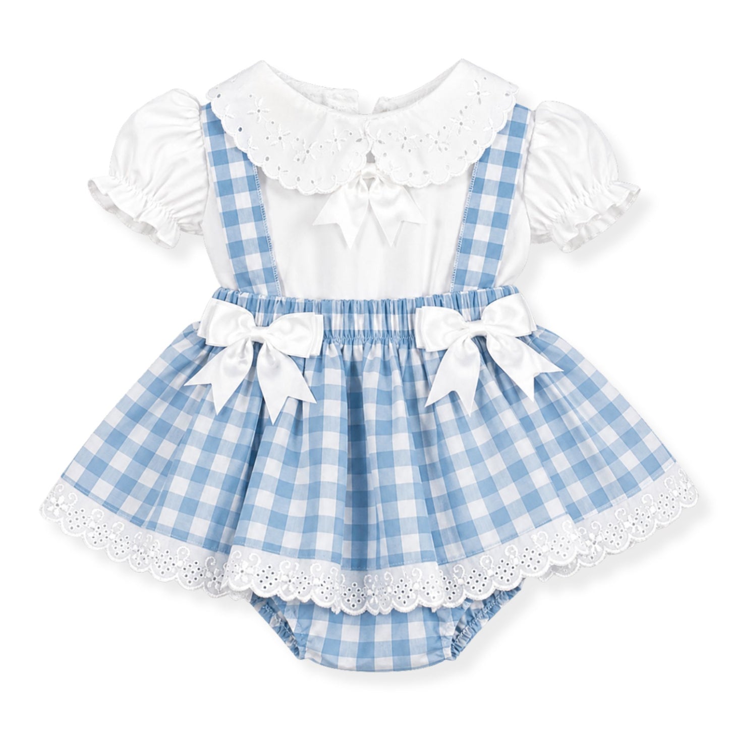 Blue and white checkered dress with puffed sleeves and lace details on a white background