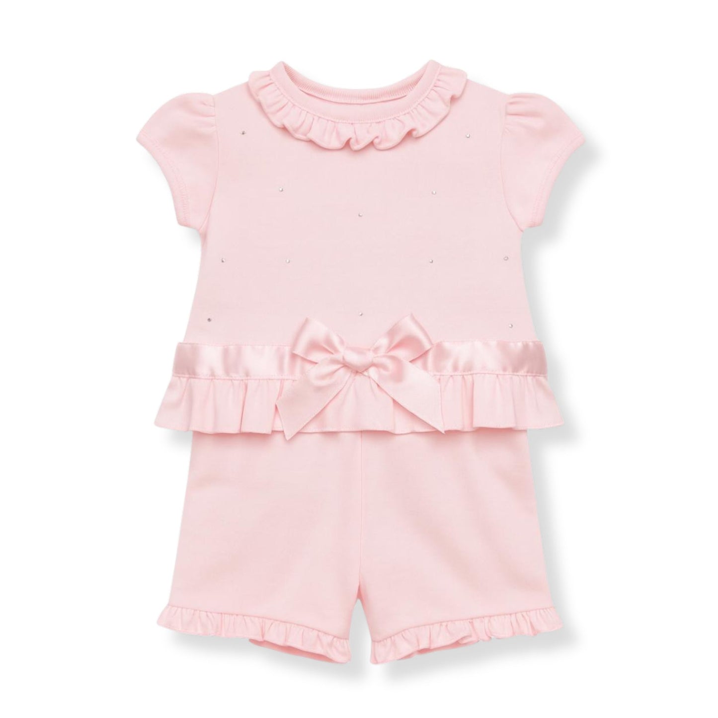 Baby girls pink shorts set with diamante detail, frill top and satin bow by Kleo Kids