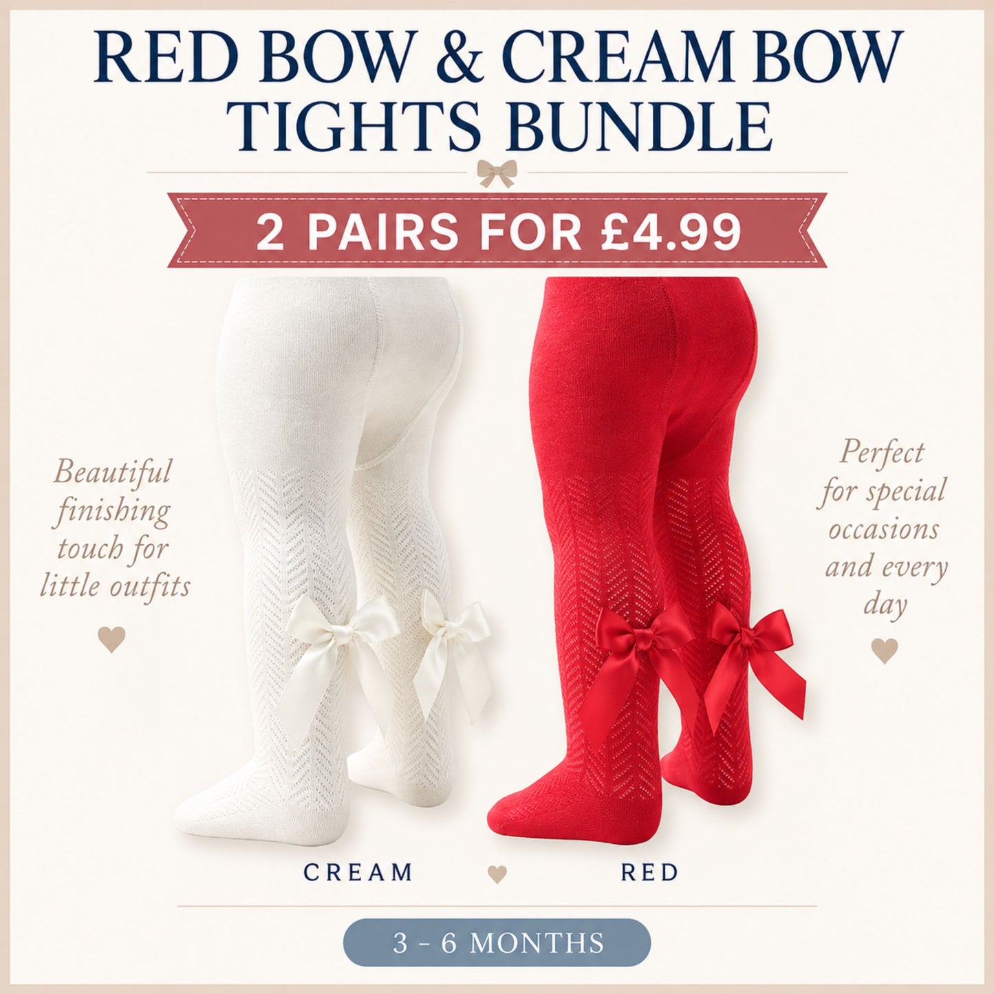 Baby red and cream bow tights bundle, two pairs in size 3–6 months