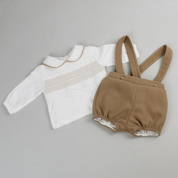 baby boys beige outfit with shirt and shorts with braces