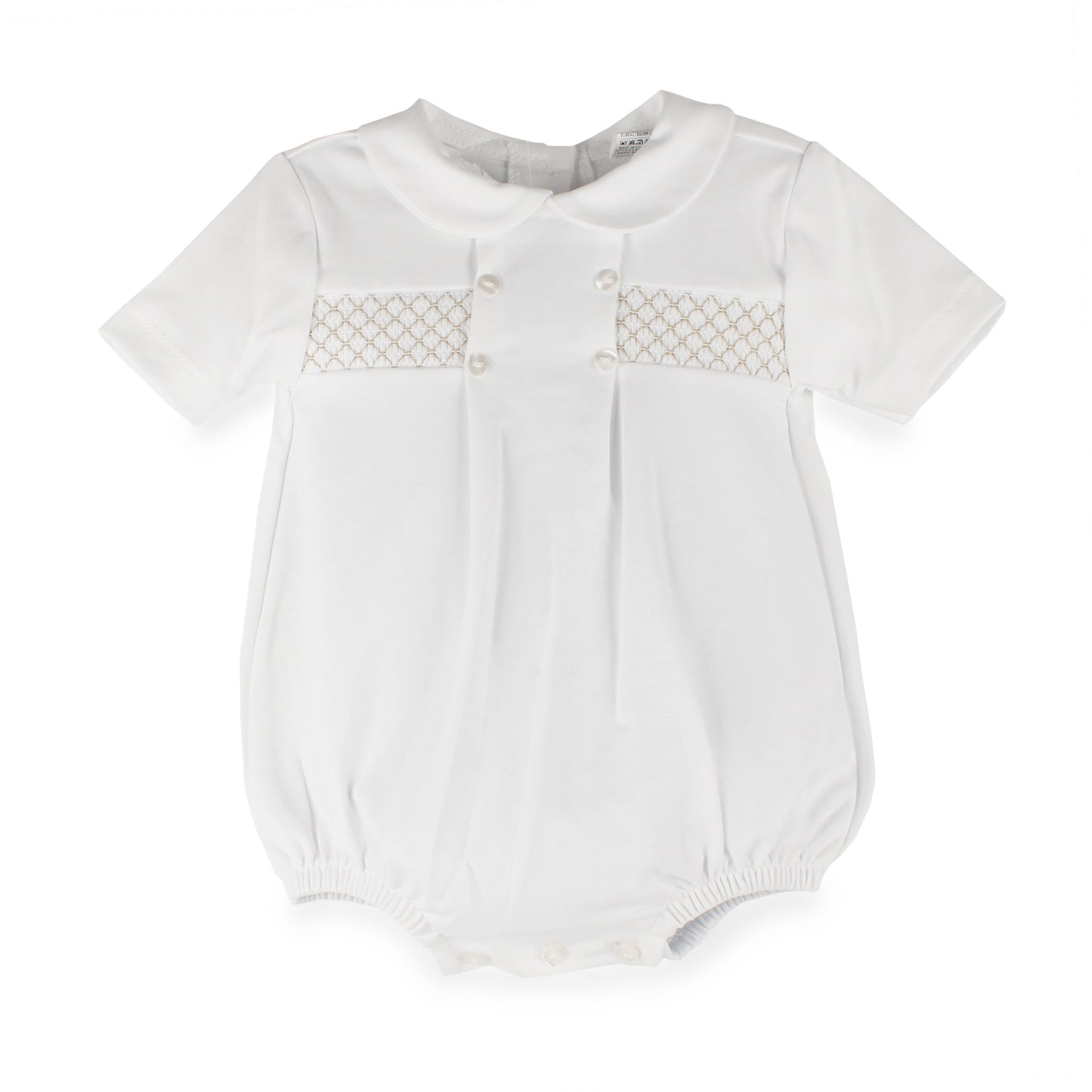Baby Boys White/Beige Smocked Romper with Peter Pan Collar