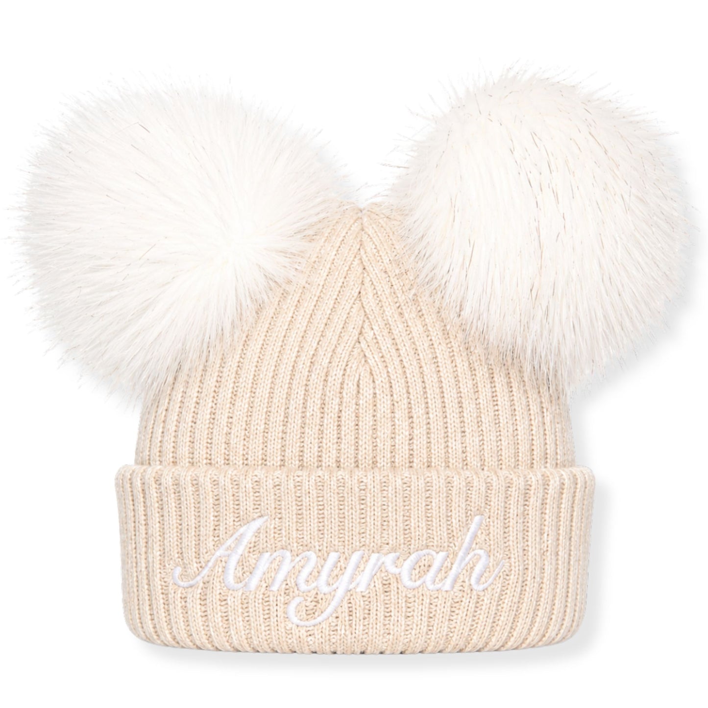 Beige knit beanie with white fur pom-poms and personalised name embroidery on a white background