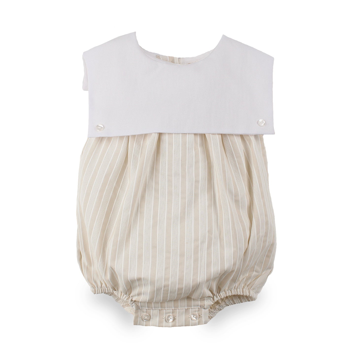 A sleeveless baby romper with a solid white collar and a cream and beige vertically striped bubble , shown on a plain white background.
