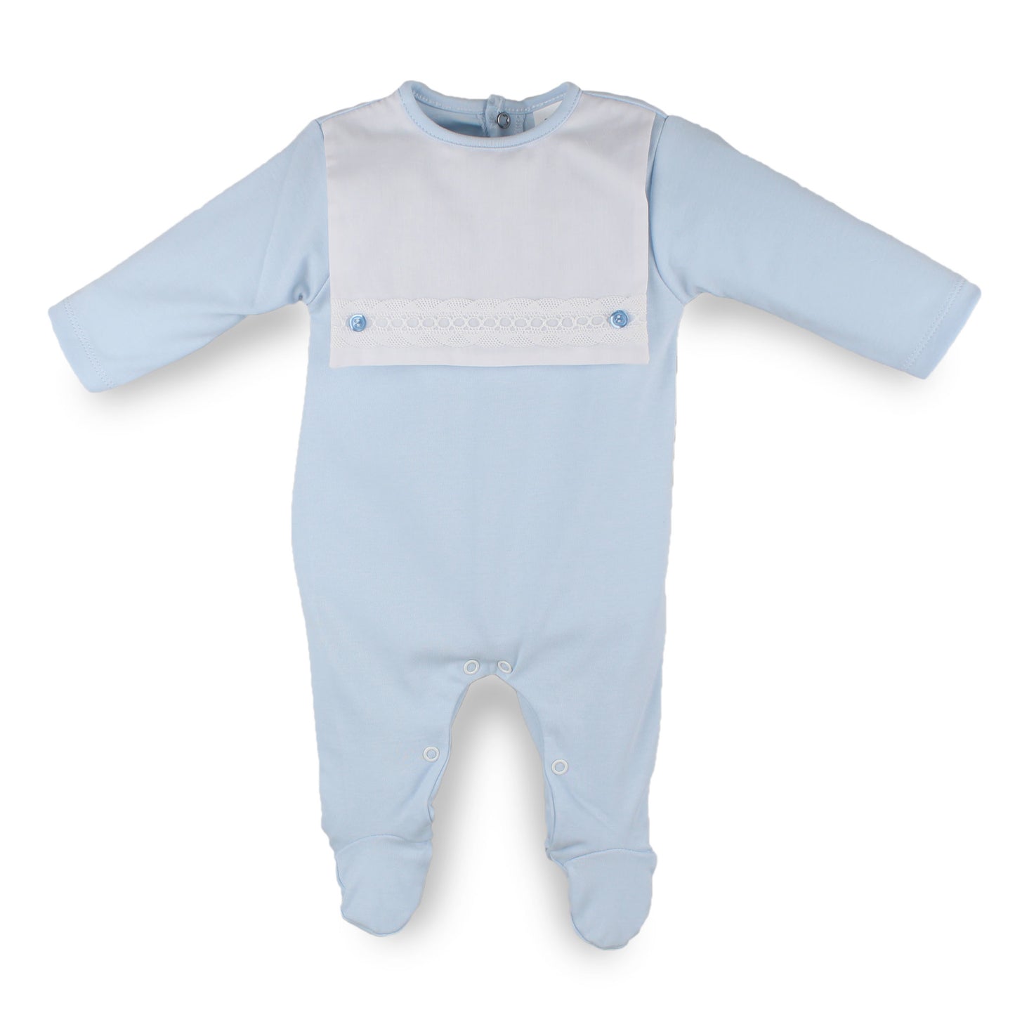 baby boys blue babygrow with bib front