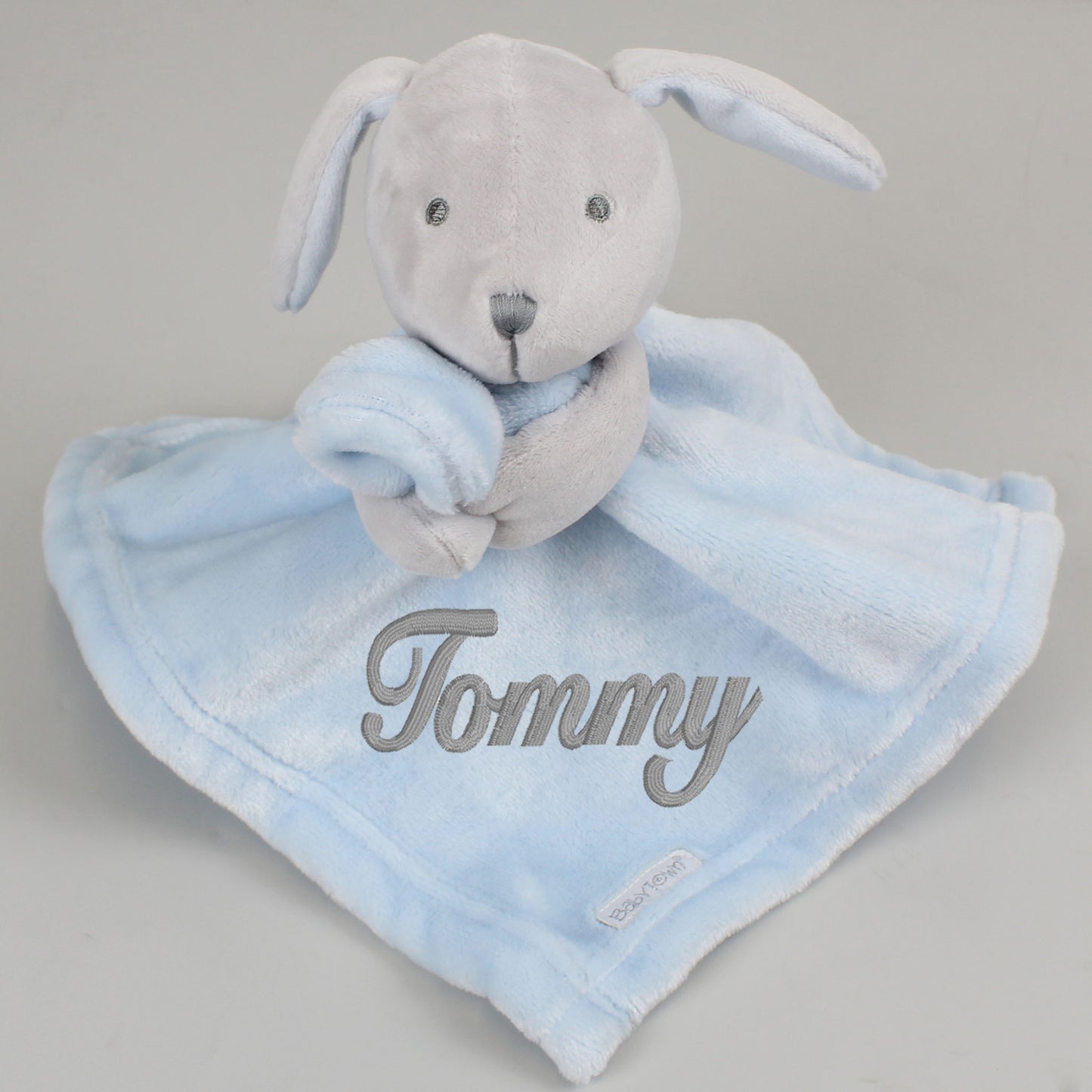baby boys blue bunny comforter personalised