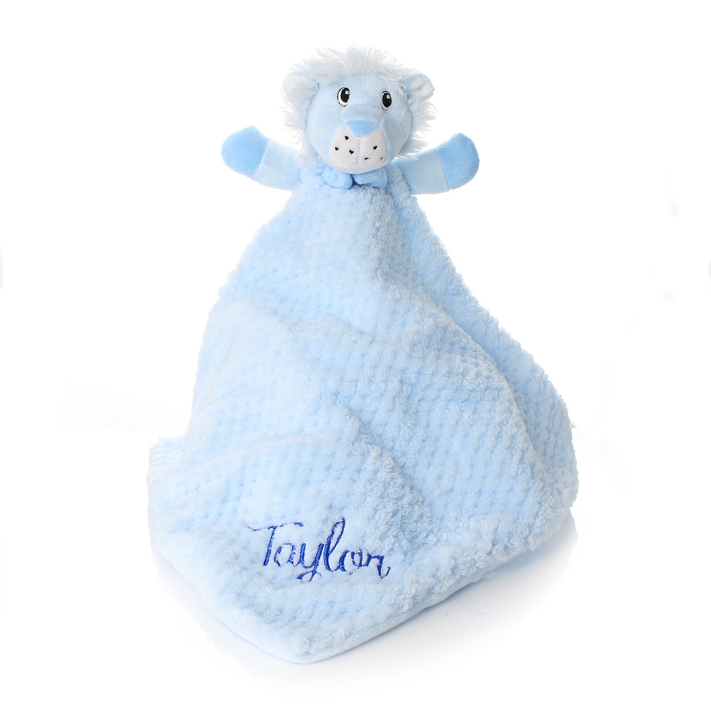 Personalised blue lion baby comforter with embroidered name in soft plush fabric
