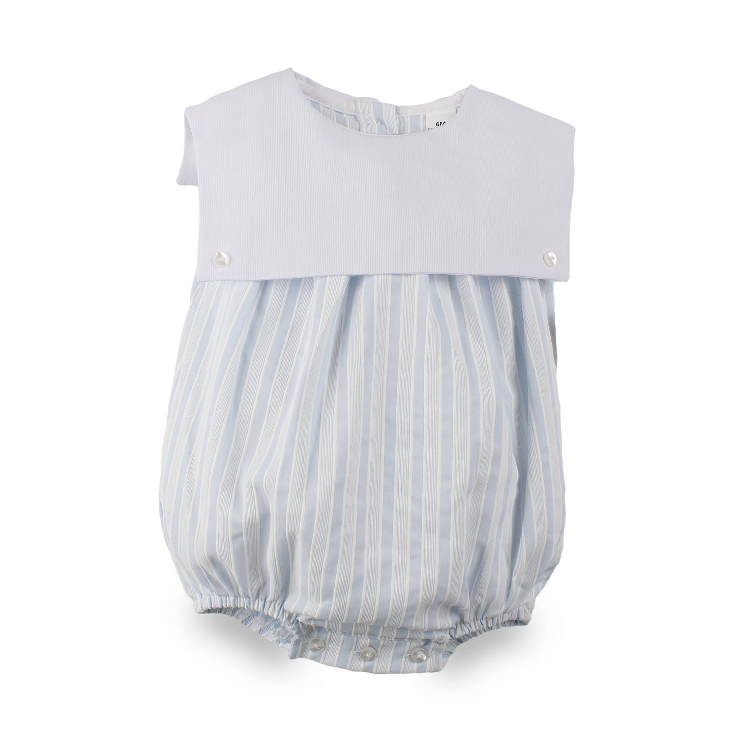 Baby boys blue and white striped bubble romper with white bib-style front, made in Portugal.
