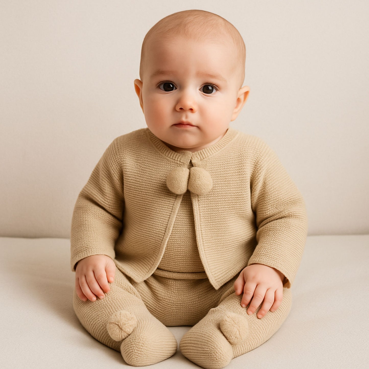 Baby Boy 2 Piece Knitted Outfit - Trousers & Jacket - Beige