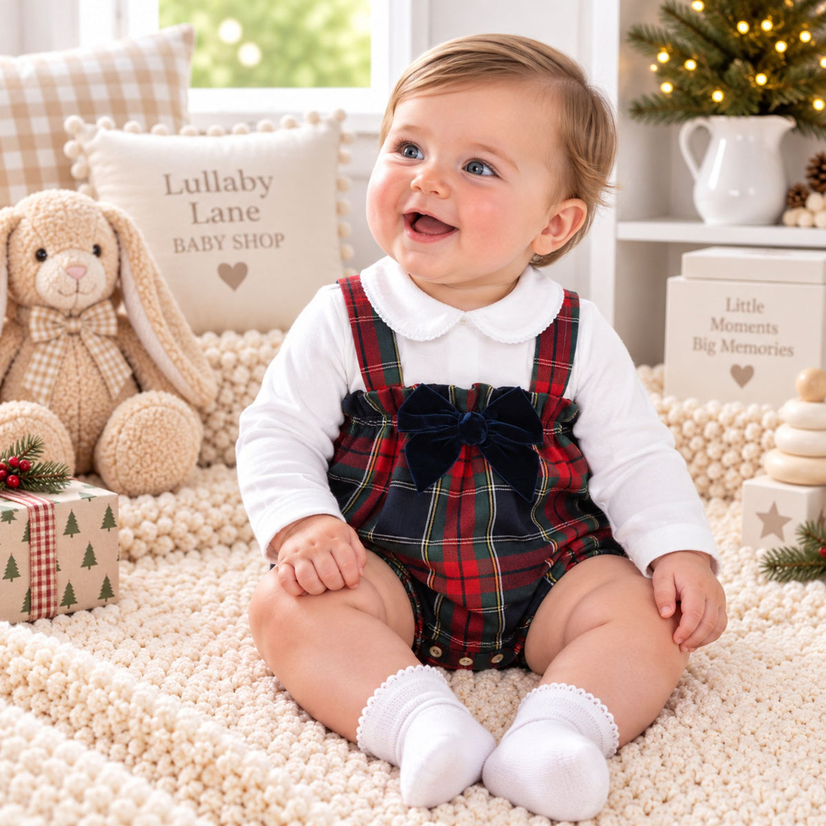 A baby sitting on a cream knit blanket in a cozy nursery setting, wearing a white long-sleeve top and red tartan plaid overalls with a dark navy bow at the chest.