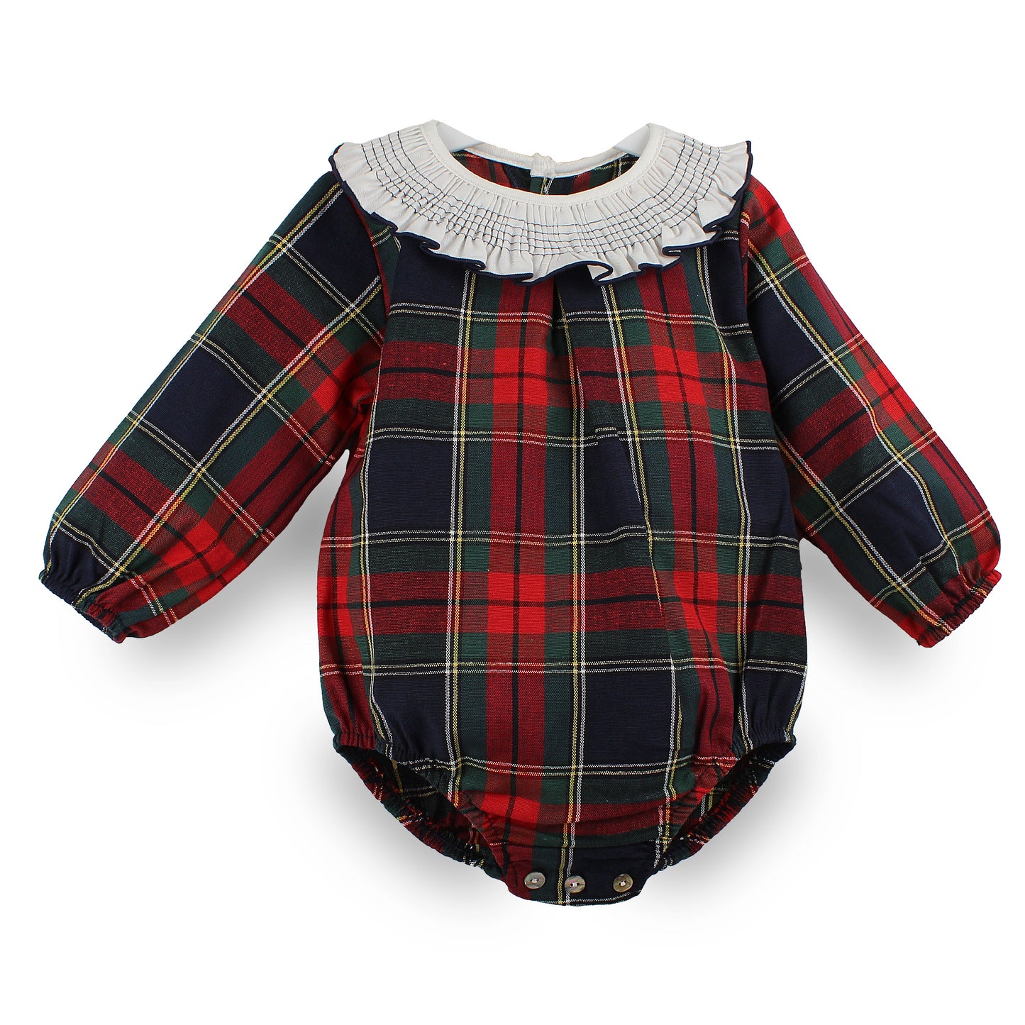 A baby long-sleeve romper featuring a red, green, and navy blue tartan plaid pattern, a white ruffled smocked collar, and elasticized leg openings.