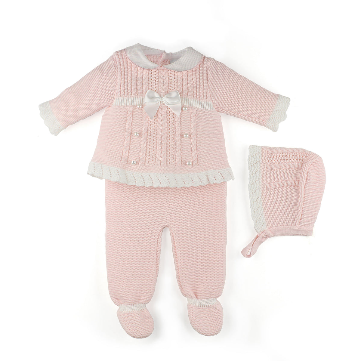Pink baby outfit with matching hat on a white background