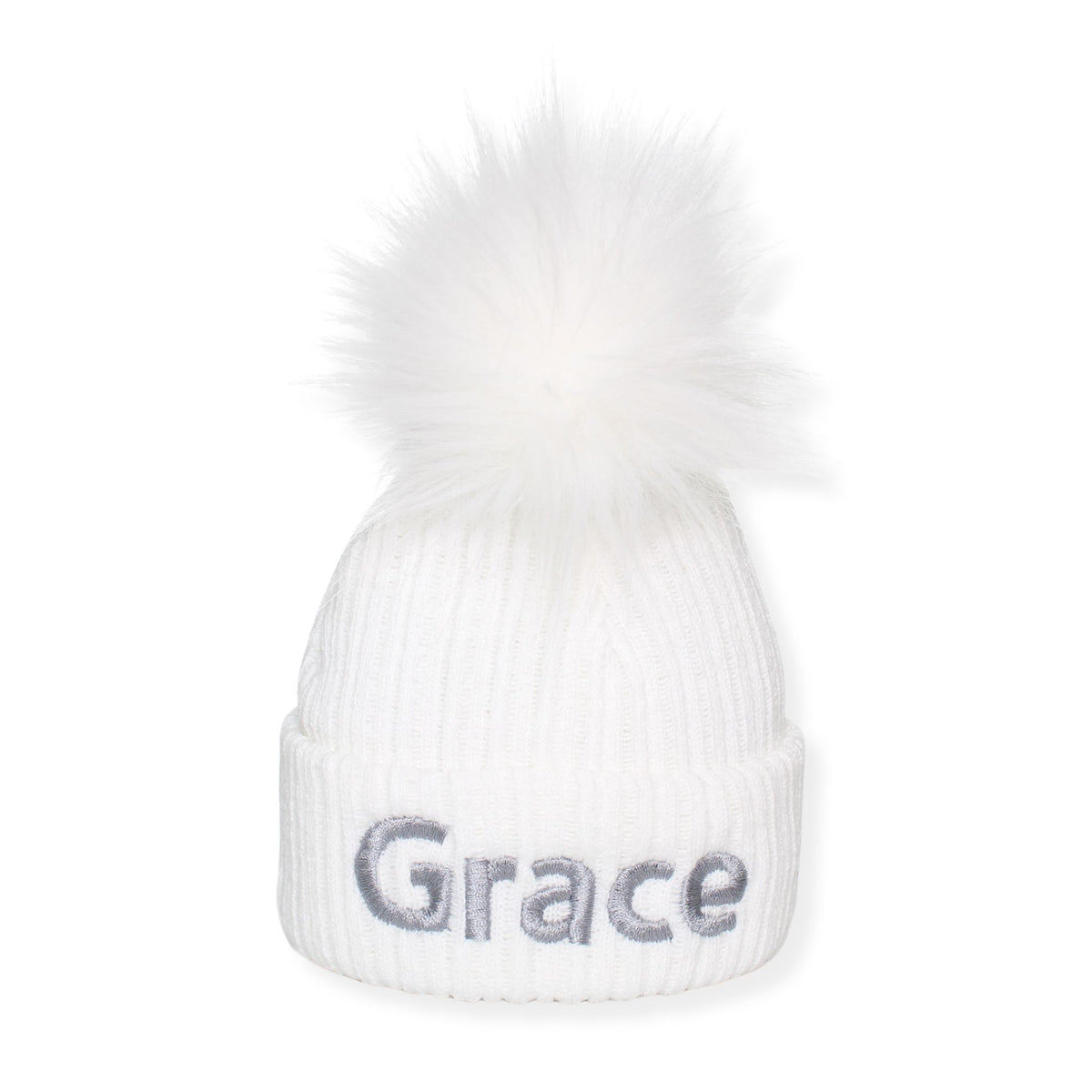 White beanie with gray 'Grace' text on a white background