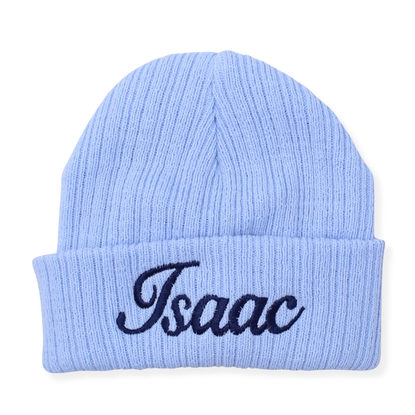 Light blue beanie with 'Isaac' embroidered on a white background