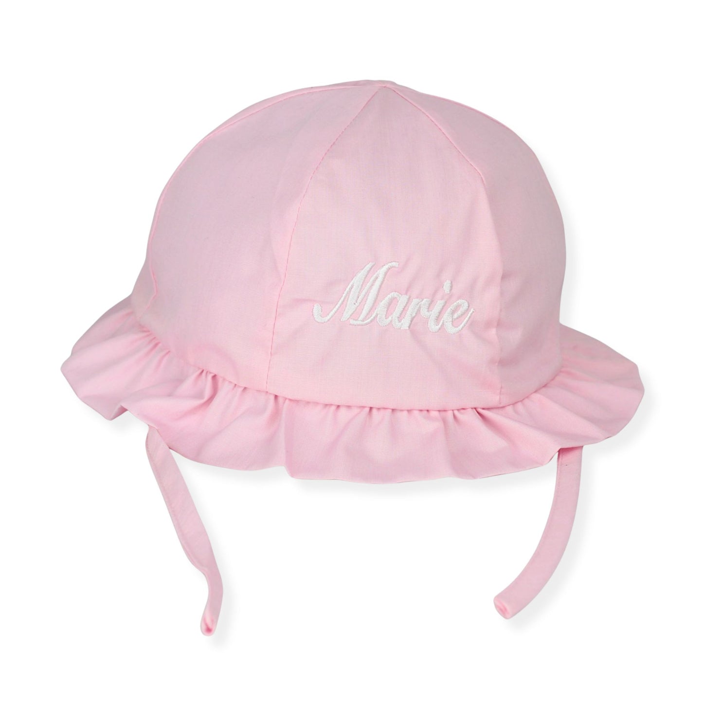 Pink sun hat with 'Marie' embroidered on a white background