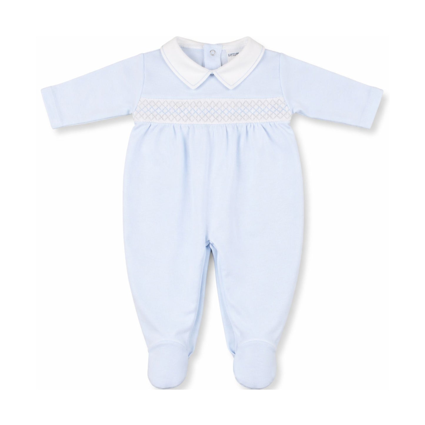 Light blue baby romper with white collar on a white background