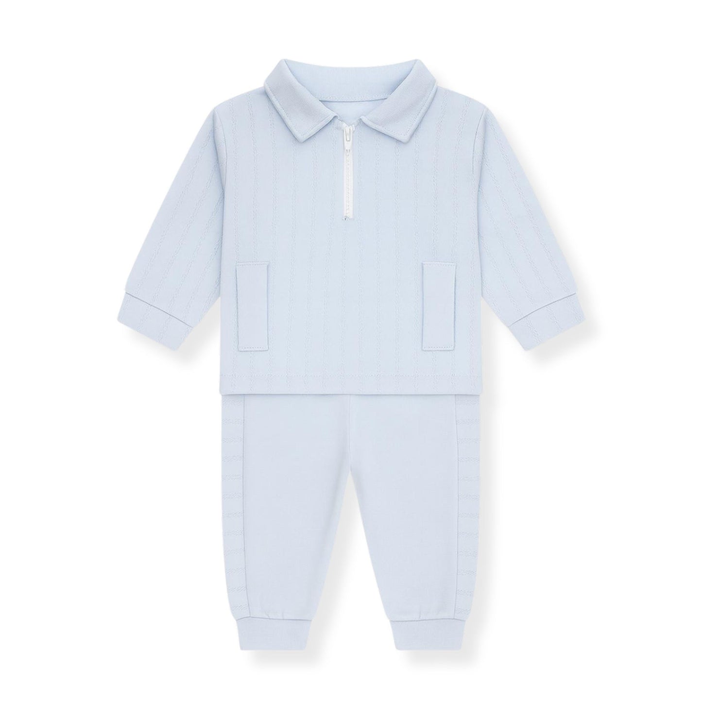 Light blue baby outfit with a collar on a white background