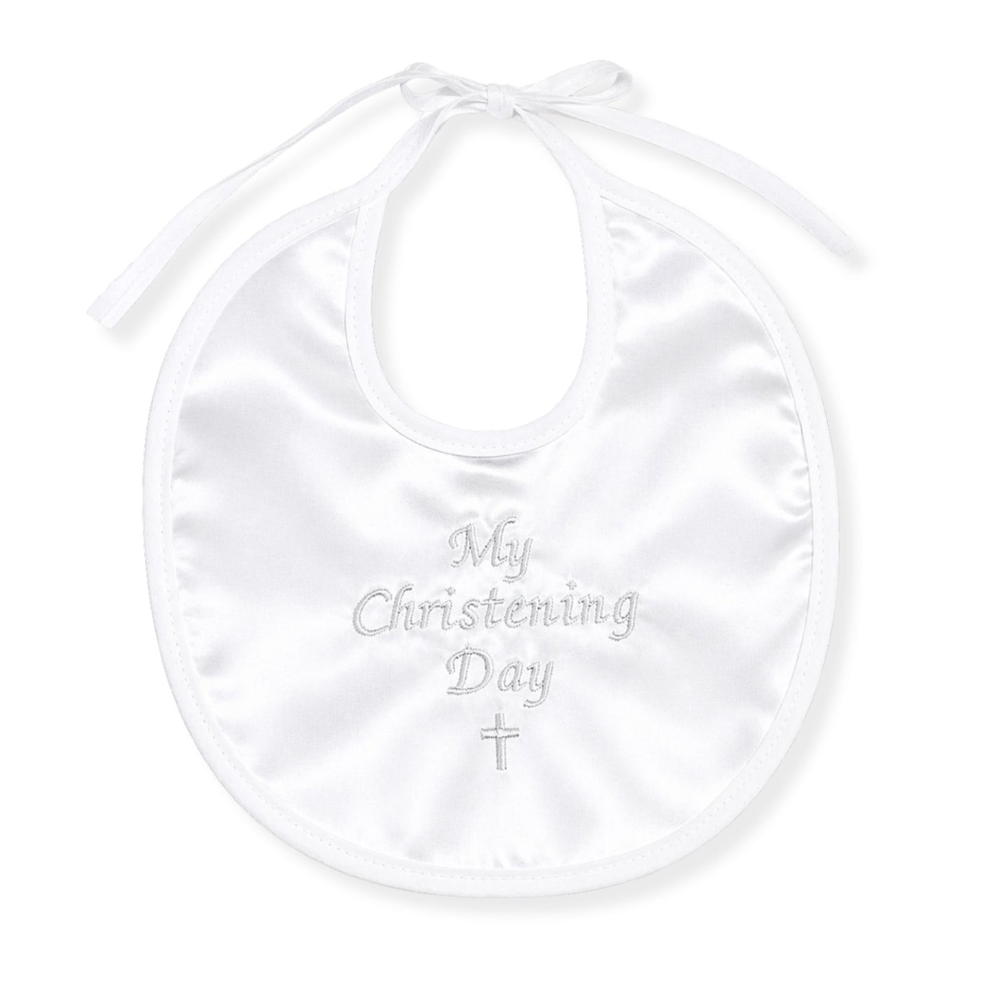 White bib with 'My Christening Day' text on a white background