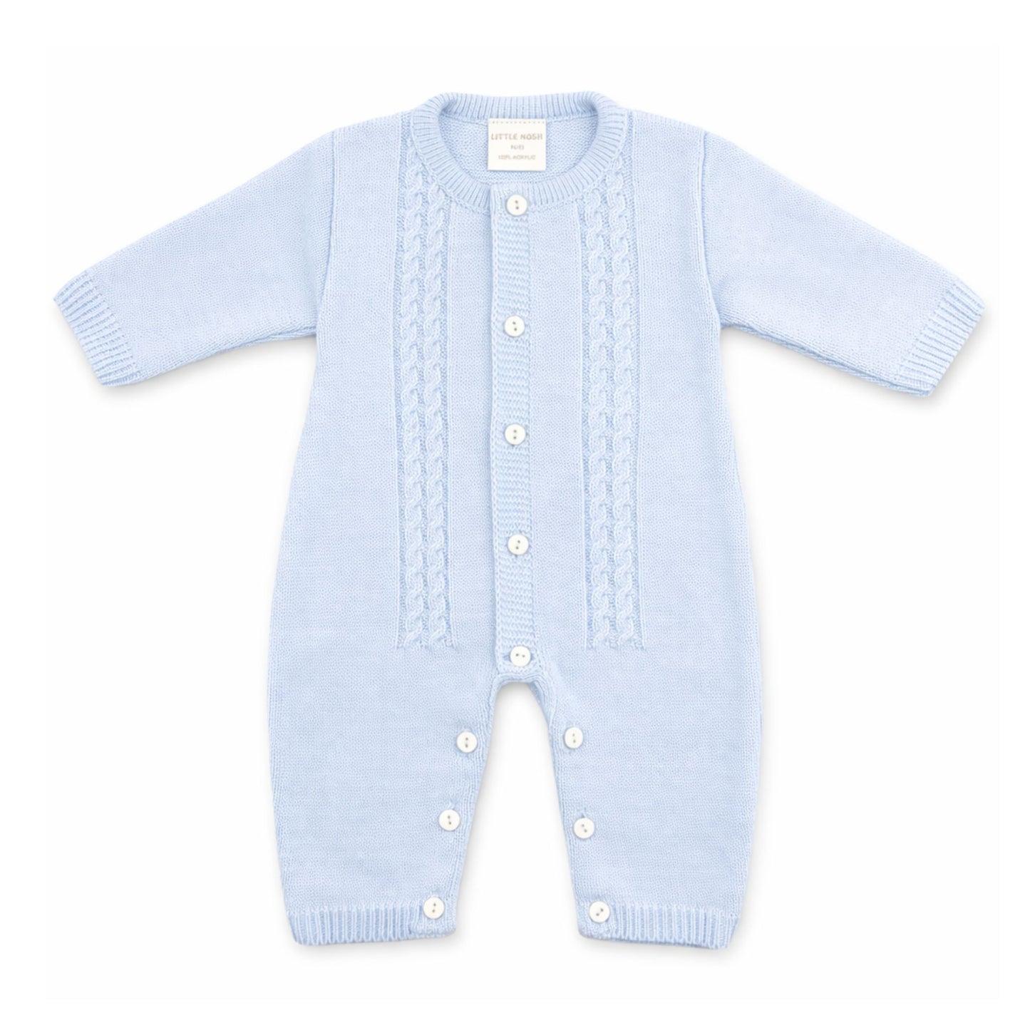Light blue knitted baby romper with buttons on a white background