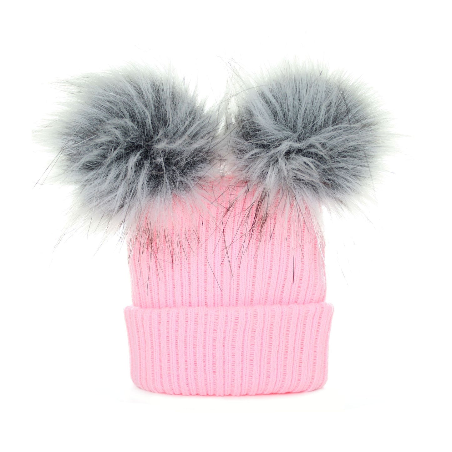 Pink beanie with two large gray fur pom-poms on a white background