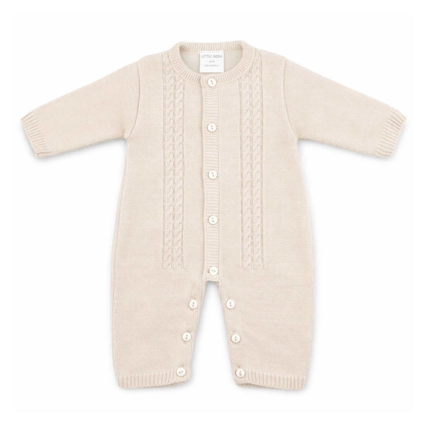 Beige knitted baby romper with button details on a white background