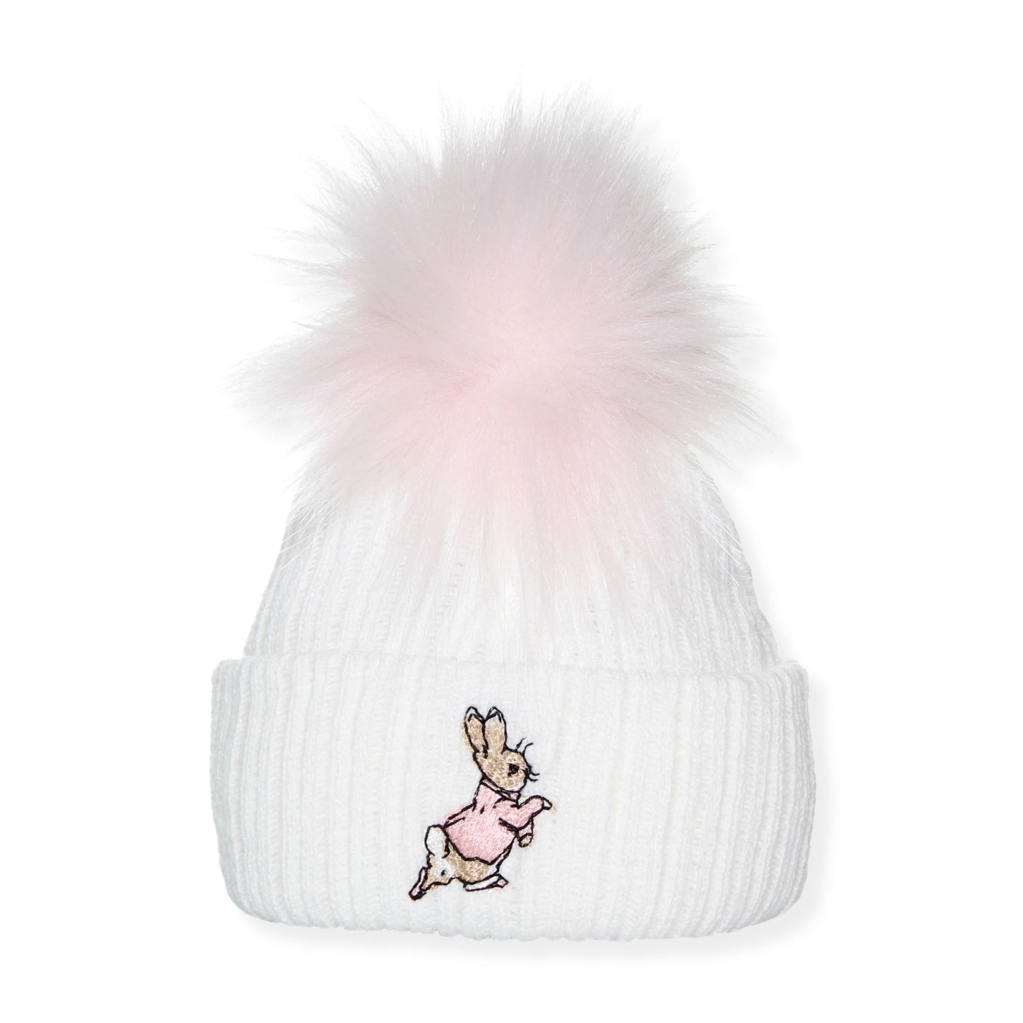 White beanie with pink pom-pom and embroidered rabbit design on a white background
