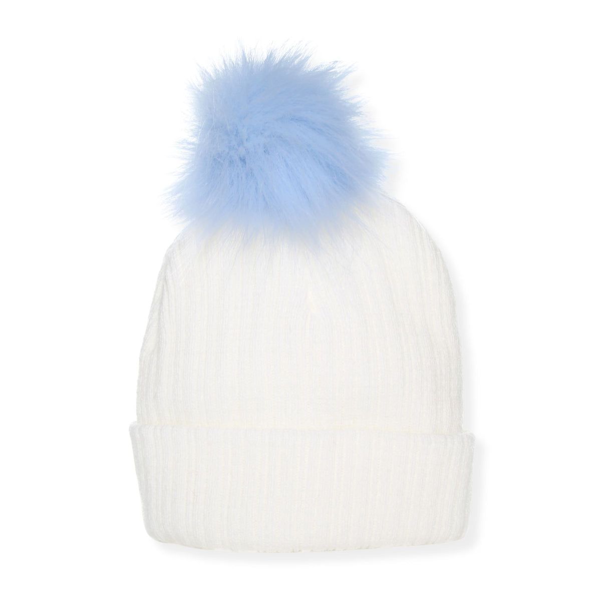 White knit beanie with a light blue pom-pom on a white background