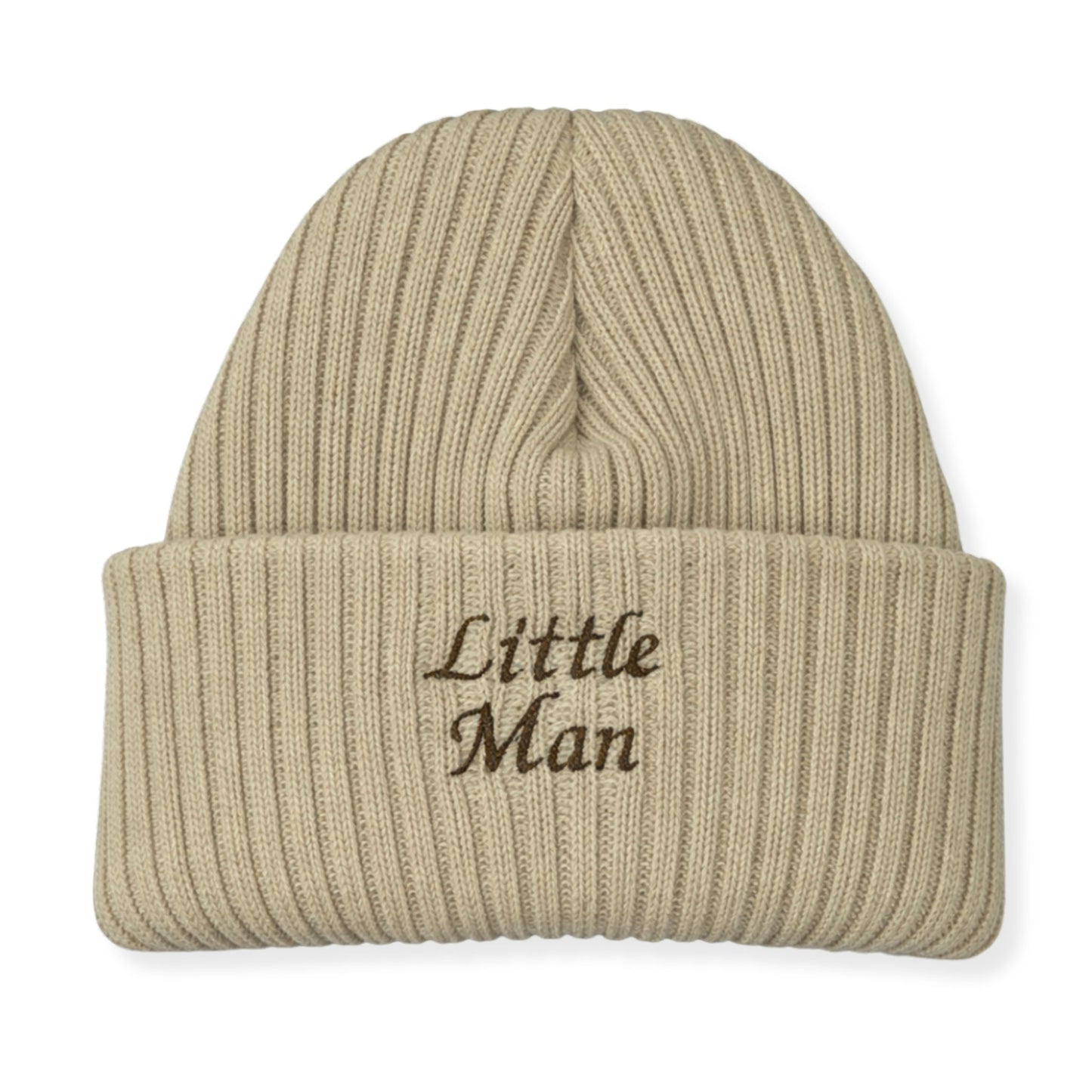 Beige knit beanie with 'Little Man' embroidery on a white background
