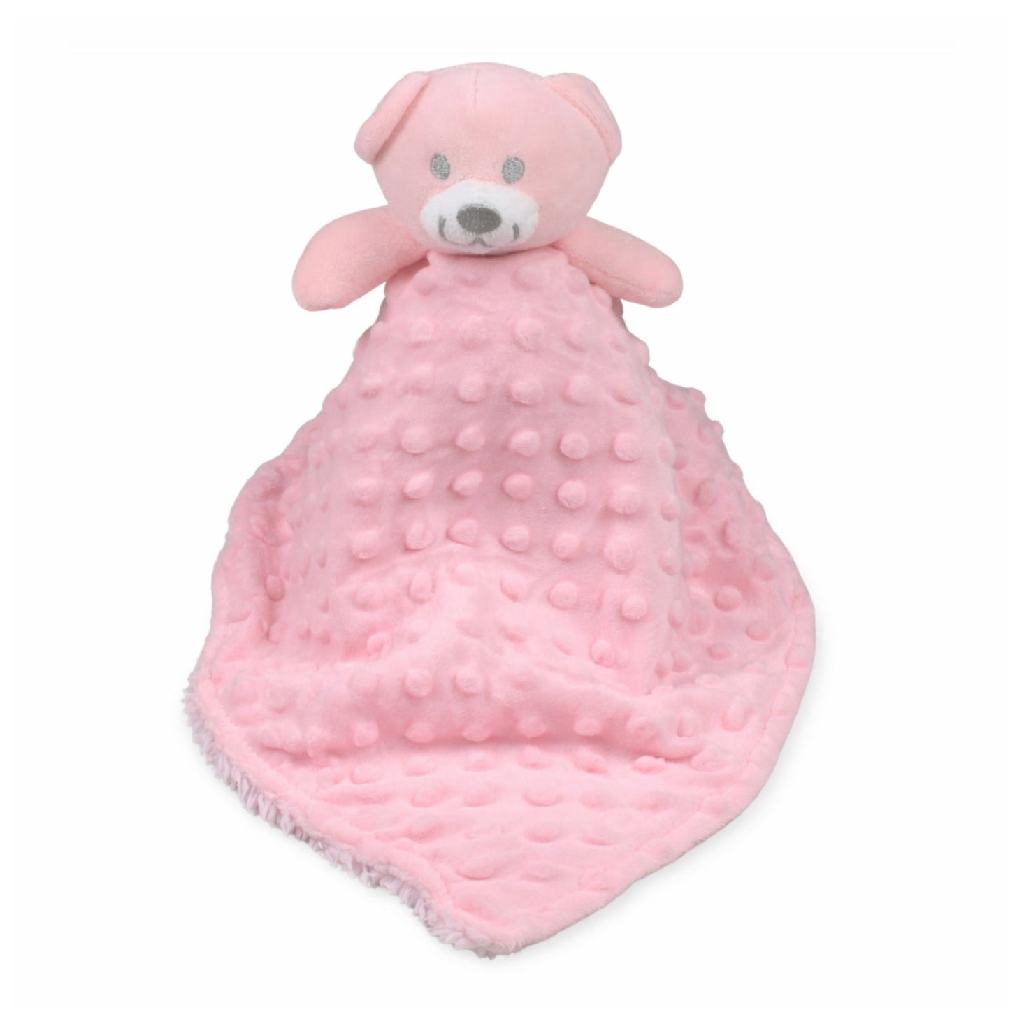 Pink teddy bear-shaped comfort blanket on a white background