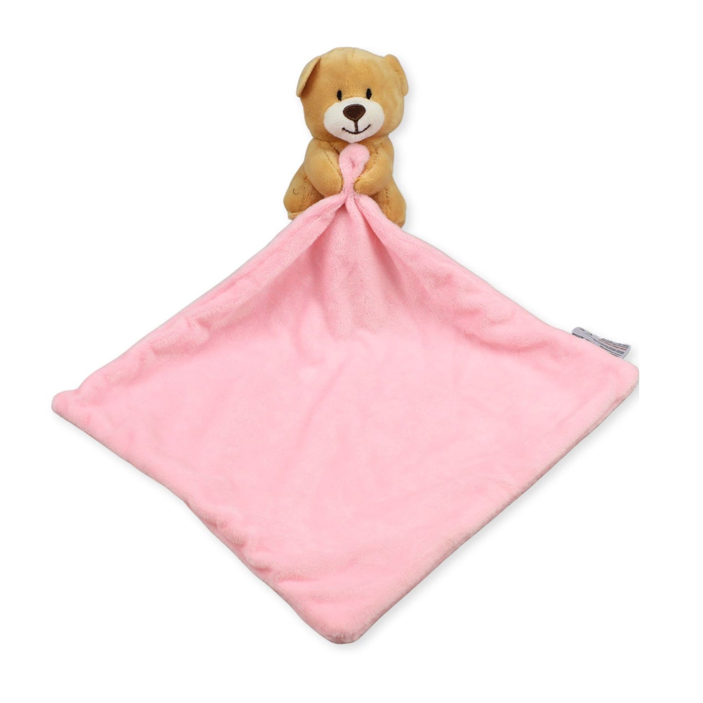 Pink security blanket with a teddy bear on a white background