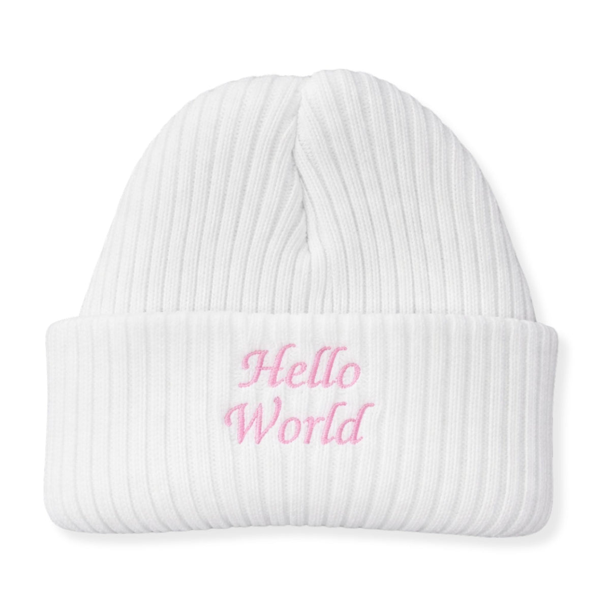 White beanie with 'Hello World' embroidered in pink on a white background