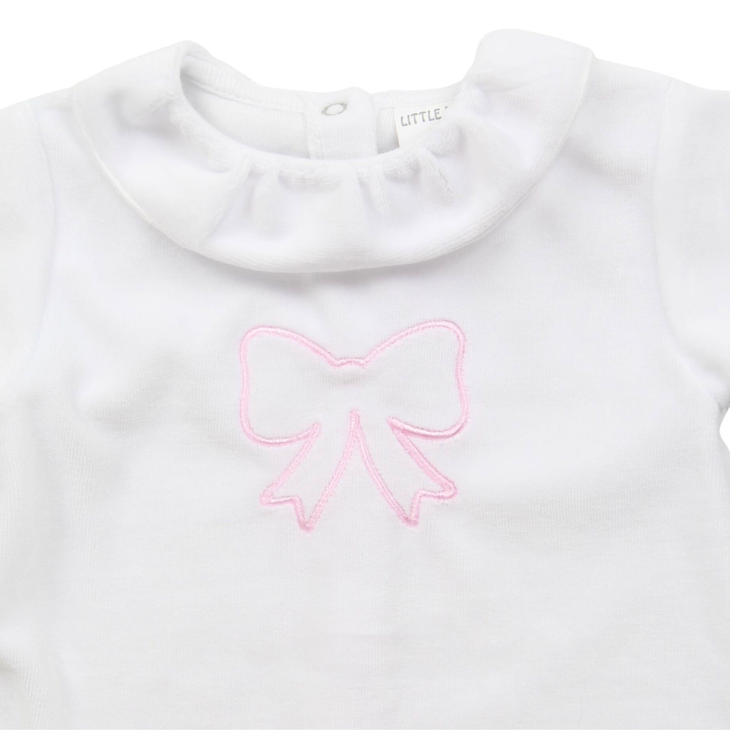Little Nosh White Baby Sleepsuit with Pink Bow Detail
