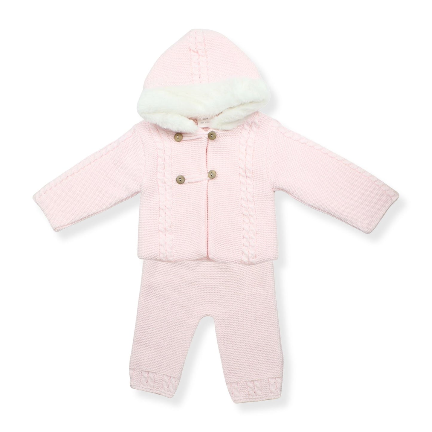 Pink baby snowsuit with hood on a white background