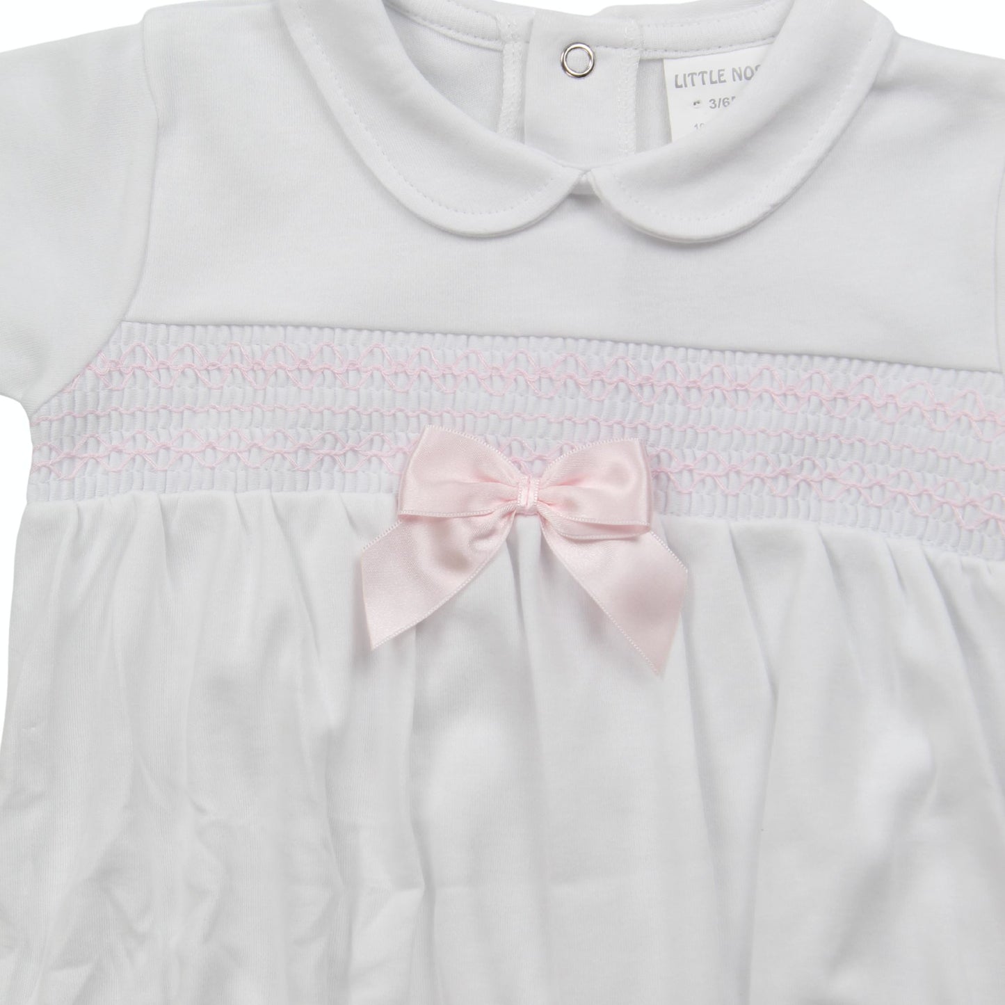 Little Nosh White Smocked Baby Girls Romper with Pink Bow