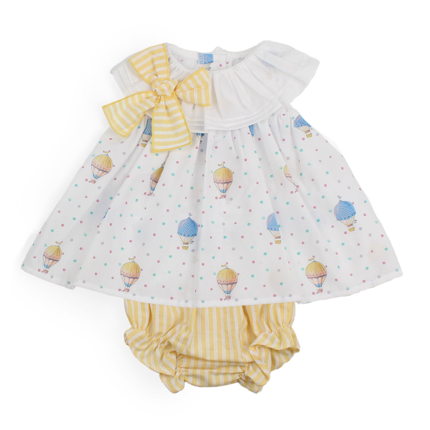 Baby dress with hot air balloon pattern and matching bloomers on a white background