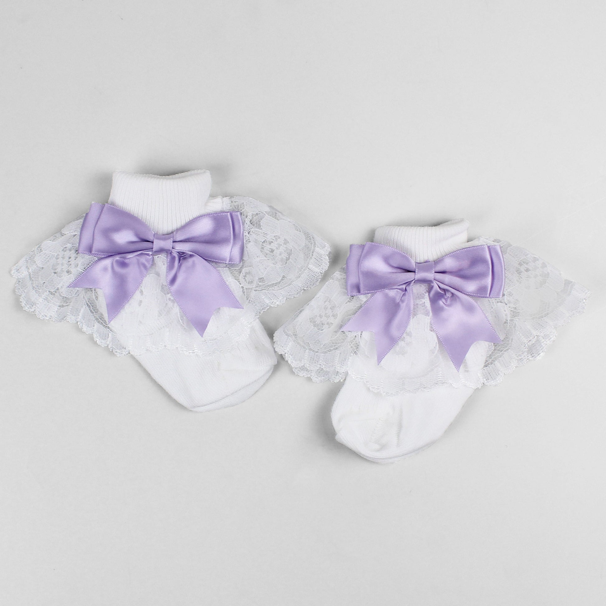 baby girls white ankle socks with lilac satin bow
