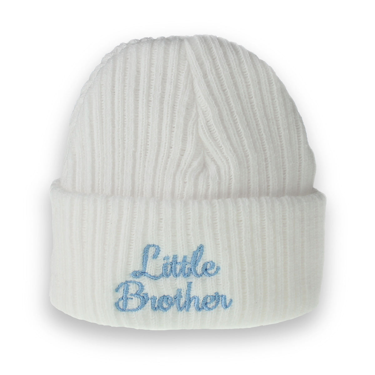 White beanie with 'Little Brother' embroidered in blue on a white background