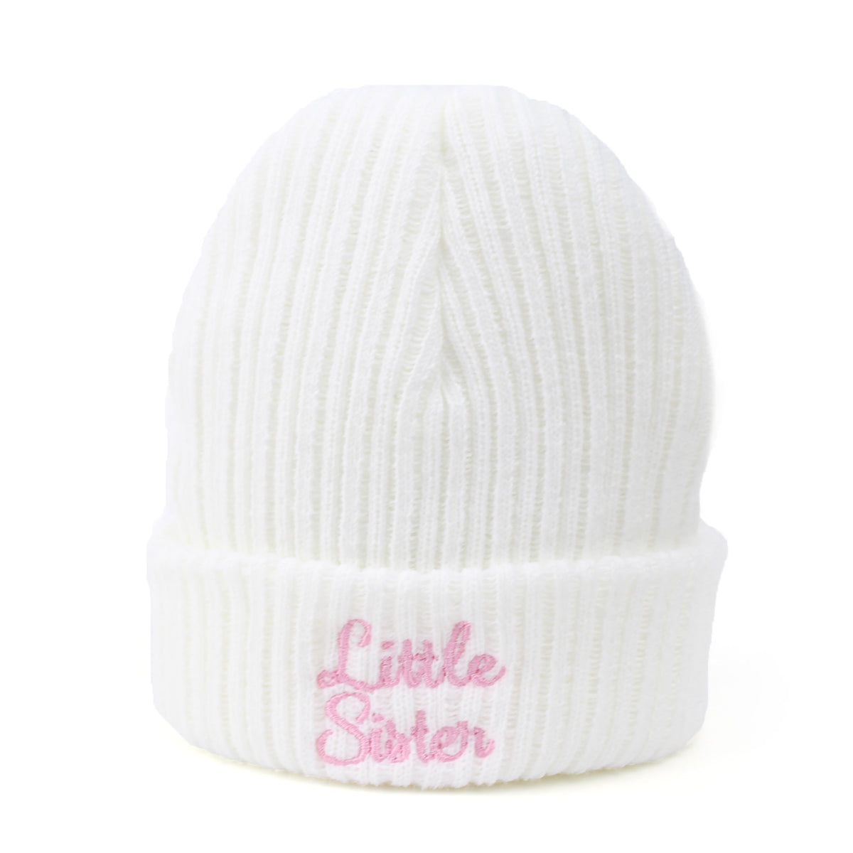 White knit beanie with 'Little Sister' embroidery on a white background