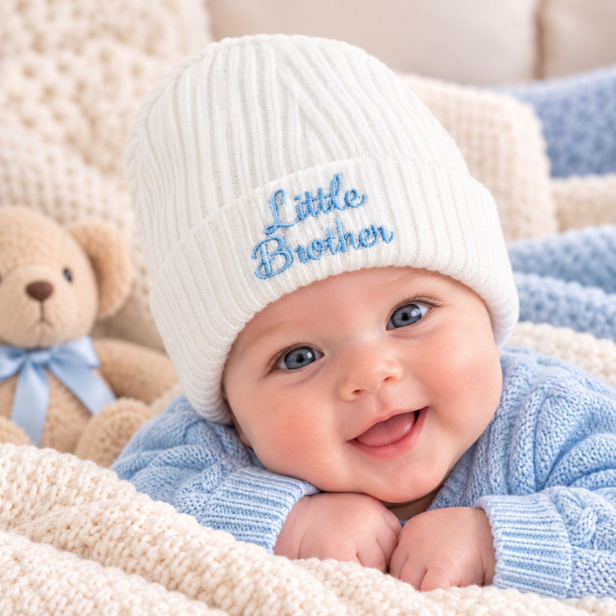 Newborn Beanie Hat with Little Brother Embroidery