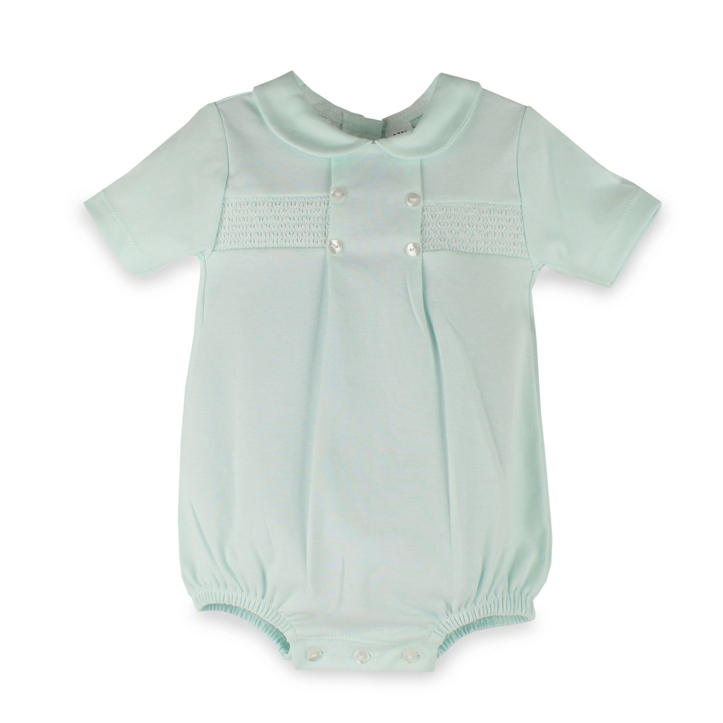 A baby short-sleeve smocked bodysuit in pale mint green, featuring a Peter Pan collar, decorative smocked chest panel with snap buttons, and snap closures at the crotch.