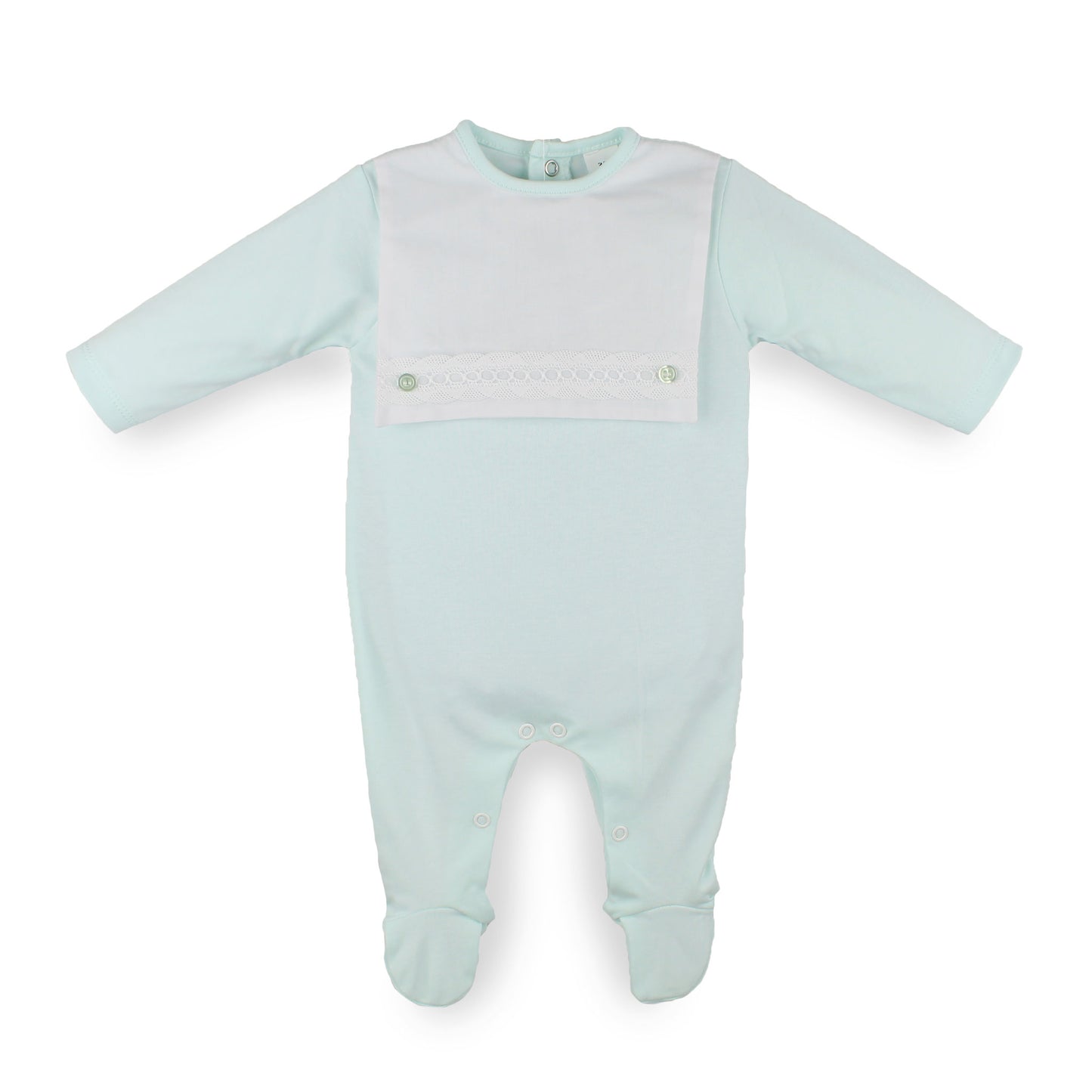Baby boys mint footed sleepsuit with a white bib front, lace trim and decorative buttons, made from 100% cotton in Portugal.