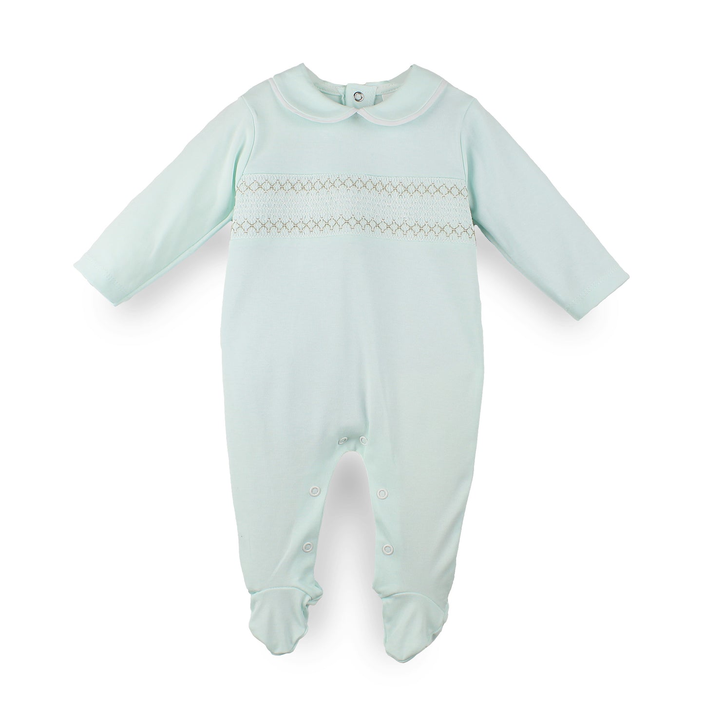 A pale mint green baby footed sleepsuit with long sleeves, a Peter Pan collar, and delicate smocked detailing across the chest, displayed on a clean white background.