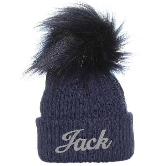 personalised baby navy pom hat