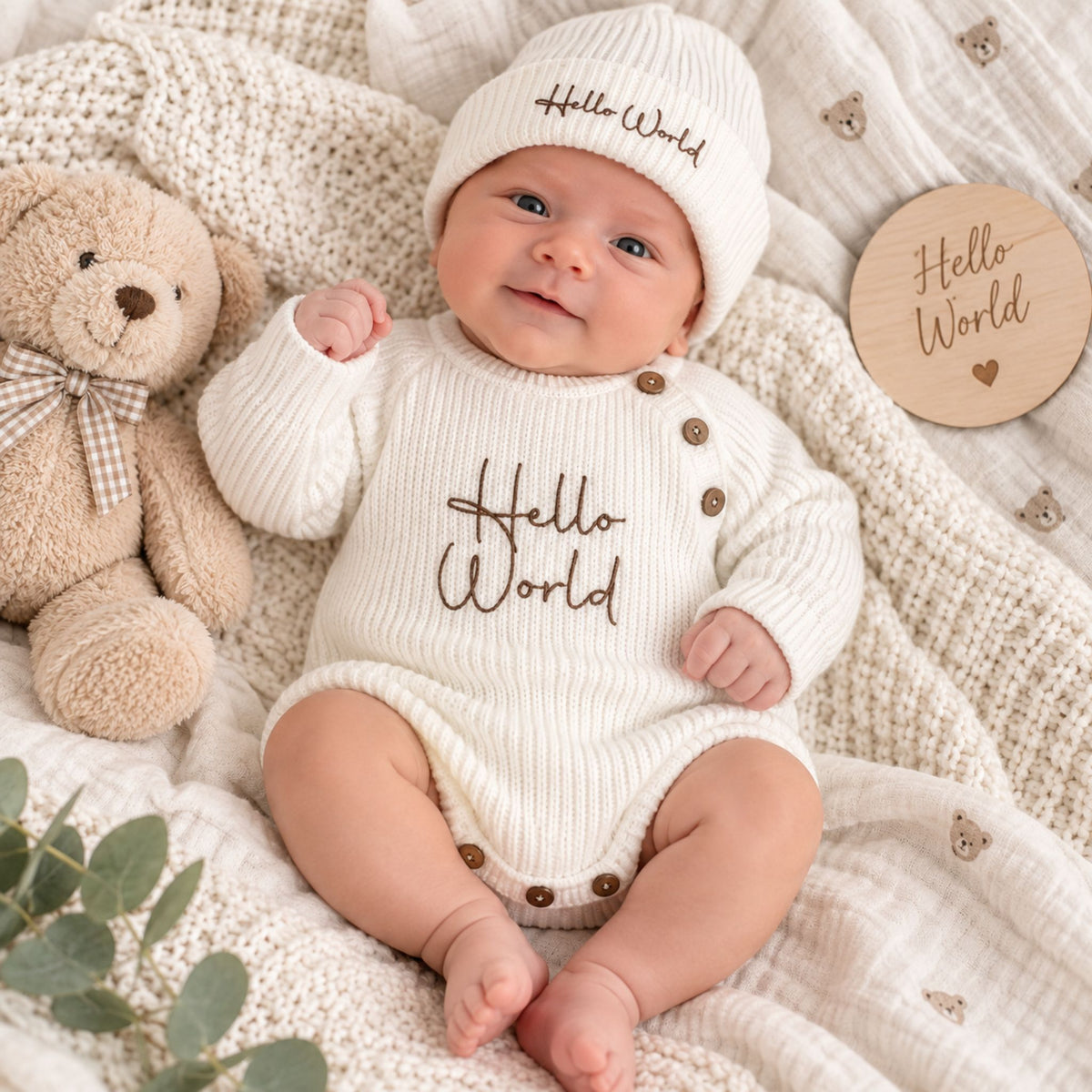 newborn baby hello world romper and hat