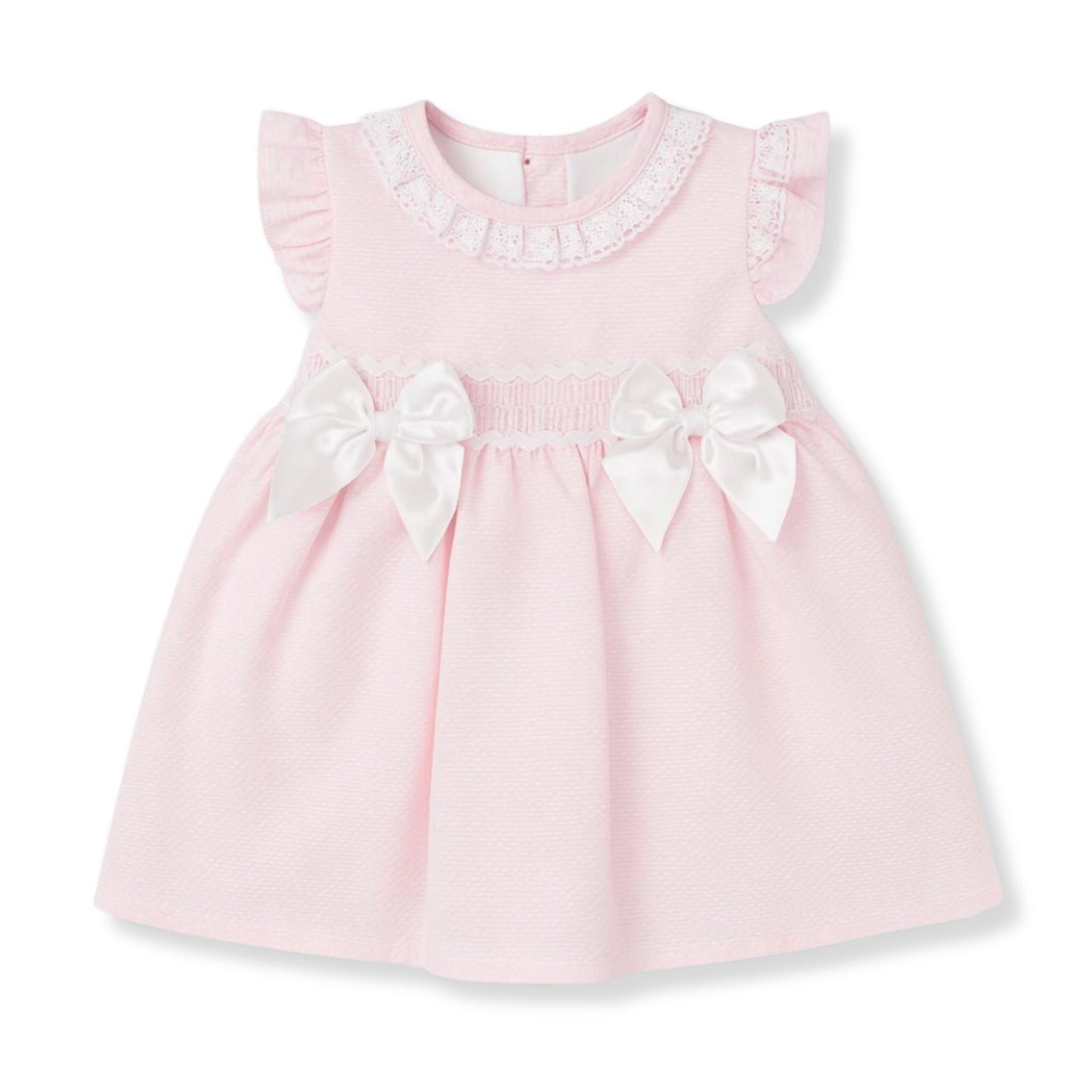 Pink baby dress with lace detail, smocking and bows, Spanish style outfit made in Portugal